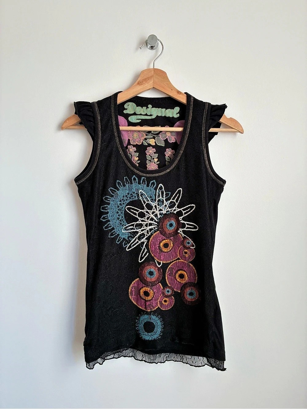 Desigual Black Lace Trim Embroidered Ruffle Cap Sleeve Tank Top Black Medium M